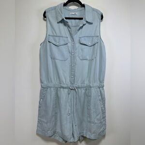 DEX Tencel Chambray Utility Romper Sleeveless Button Front Light Blue Size XL